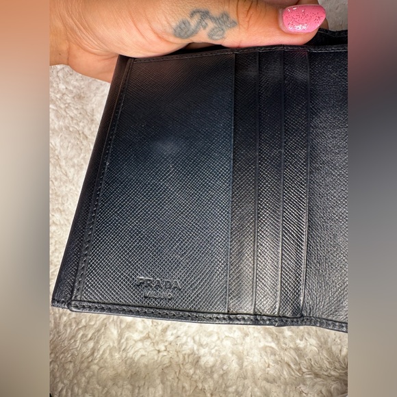 PRADA Logo Plate Tri-Fold Wallet Saffiano Leather Black Used Authentic - Picture 10 of 14